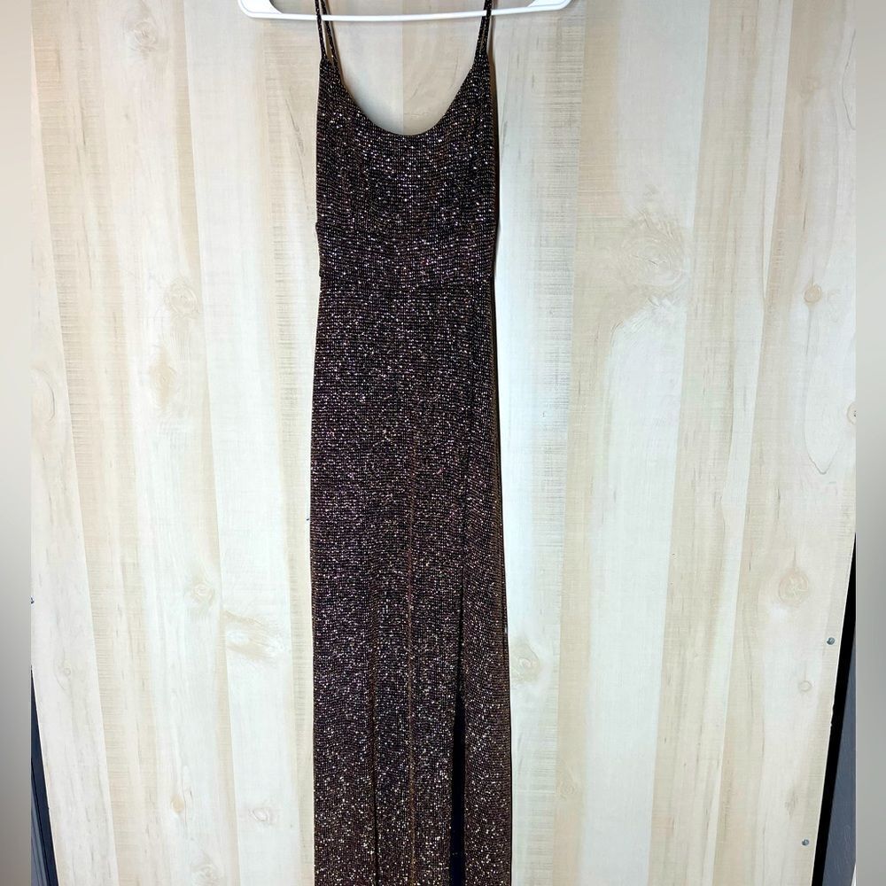 Windsor gold black spaghetti‎ strap long dress front slit, size small